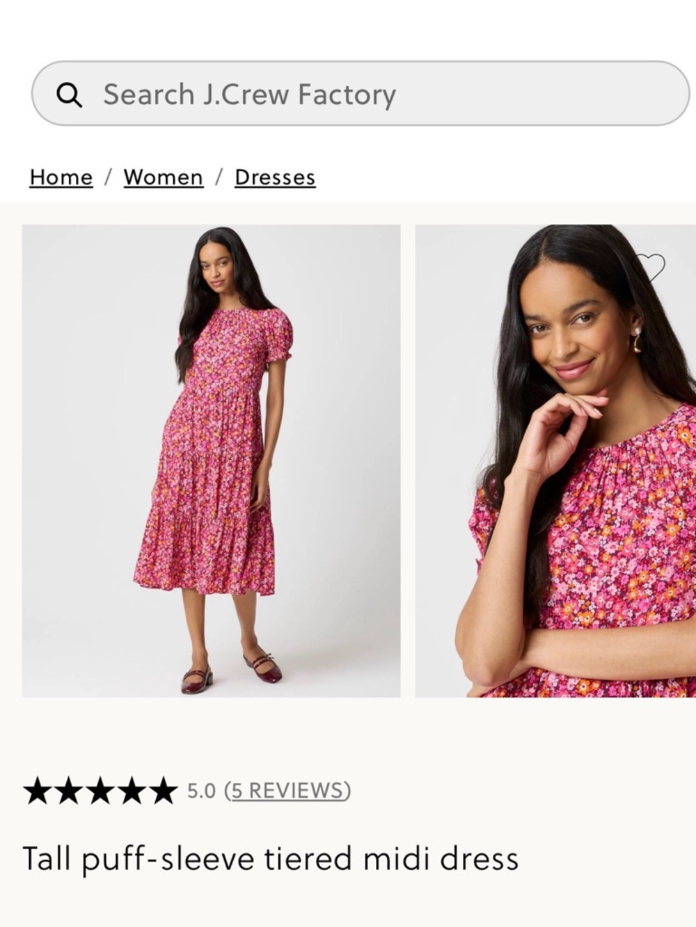 J. Crew Pink Floral Puff-Sleeve Tiered Midi Dress